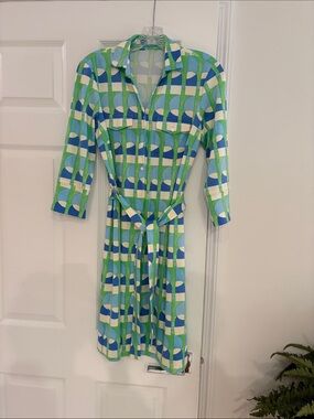 J. McLaughlin Blue & Green Geometric Brynn Dress